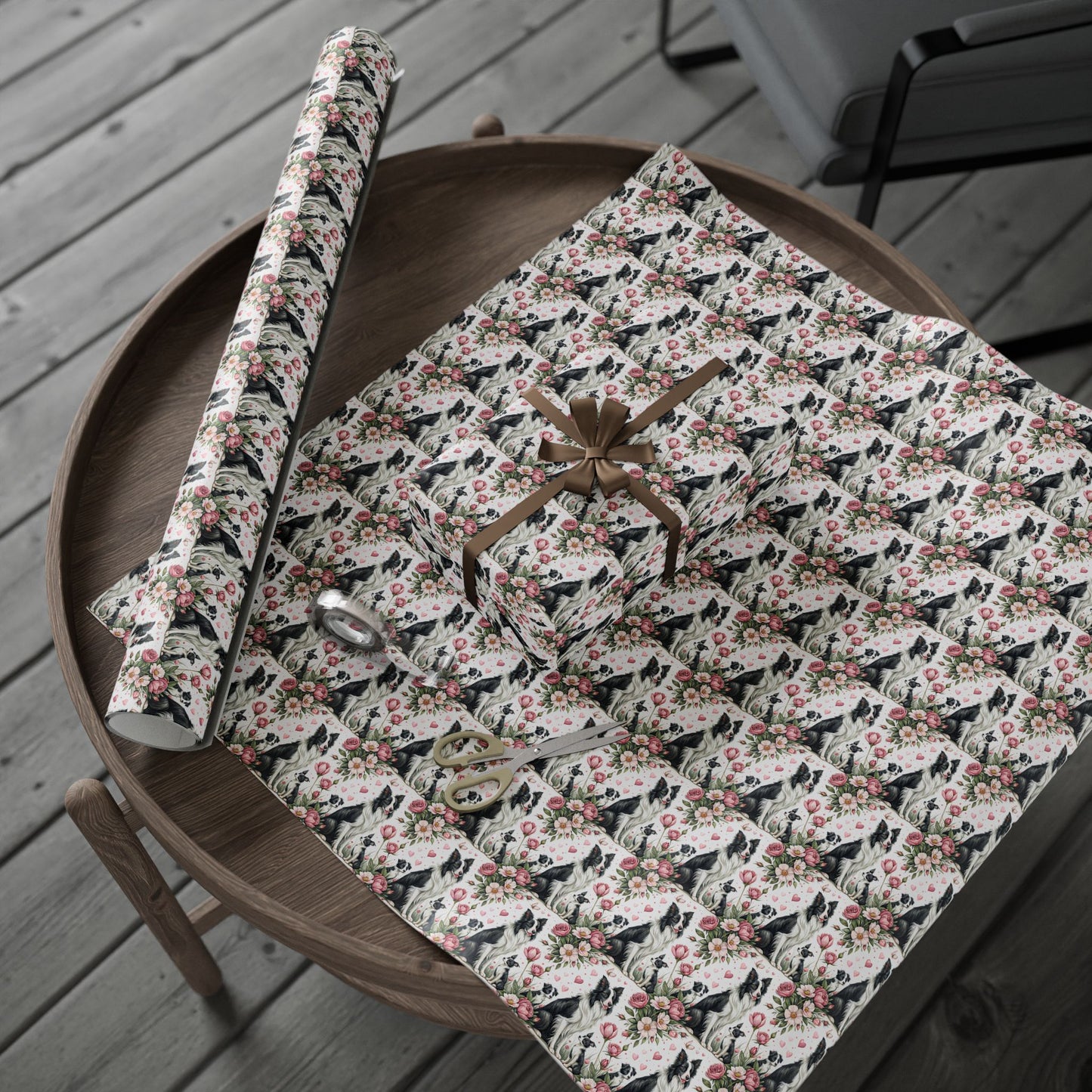 Border Collie Floral Wrapping Paper