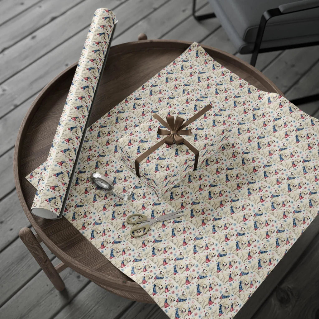 Americana Golden Retriever Wrapping Paper — gift wrapping presented on a wooden table