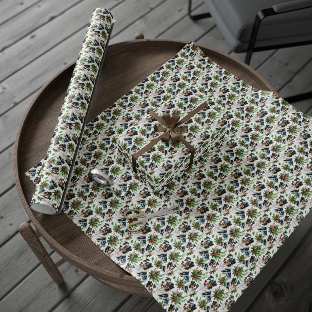 Australian Shepherd Christmas Wrapping Paper — gift wrapping presented on a wooden table