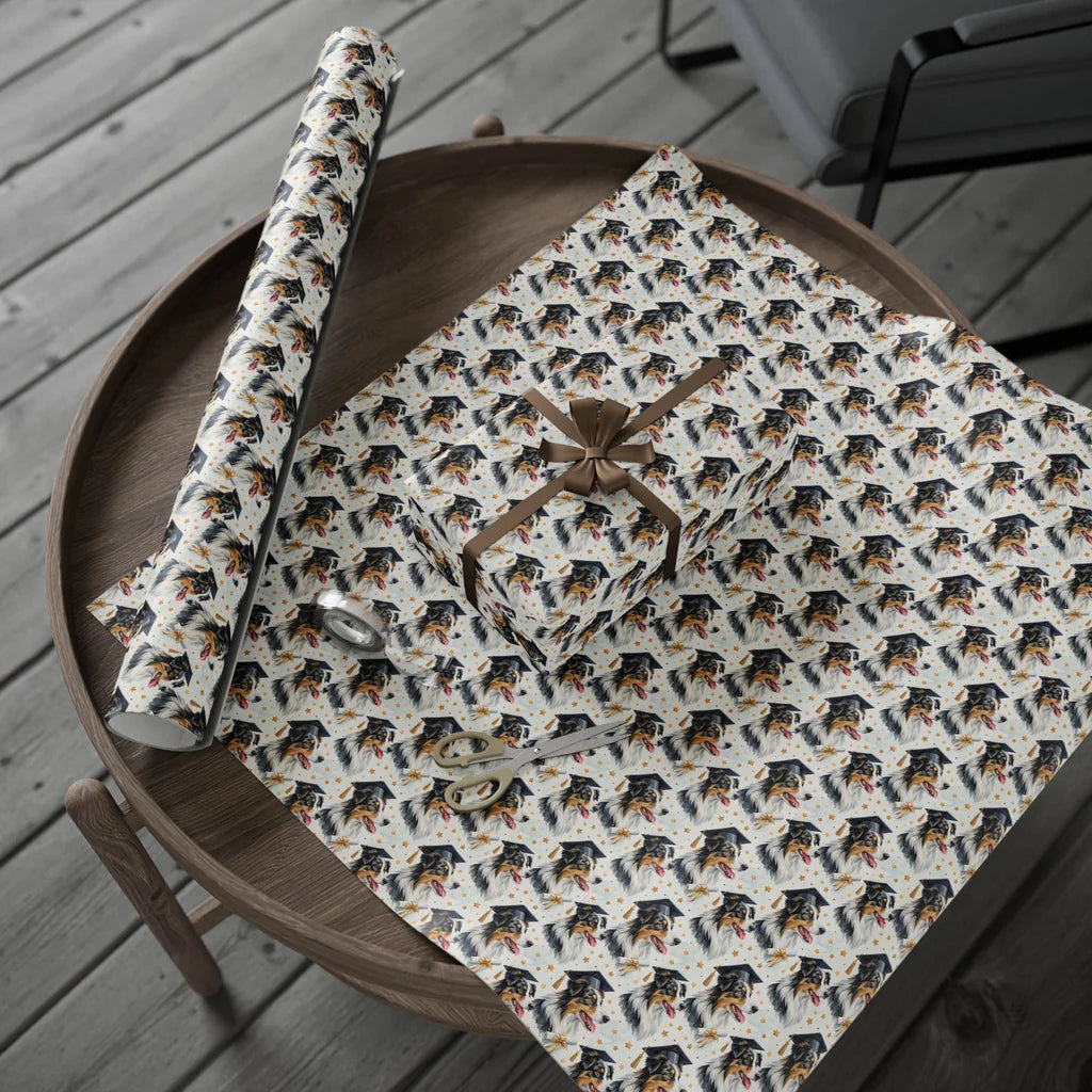 Australian Shepherd Graduation Wrapping Paper — gift wrapping presented on a wooden table