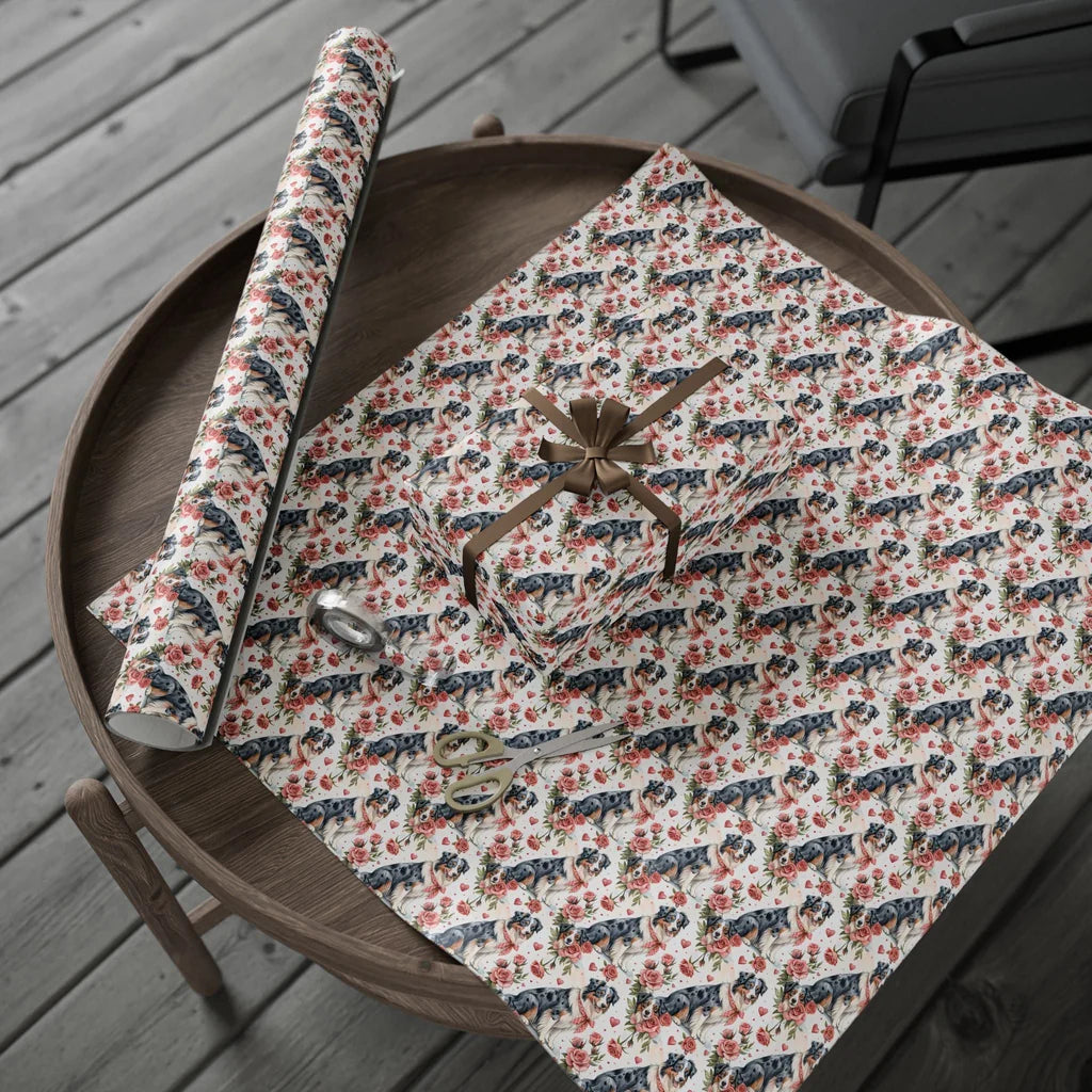 Australian Shepherd Valentine's Day Wrapping Paper — gift wrapping presented on a wooden table