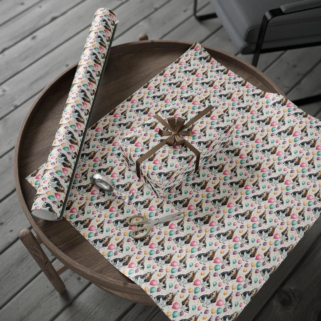 Basset Hound Birthday Wrapping Paper — gift wrapping presented on a wooden table