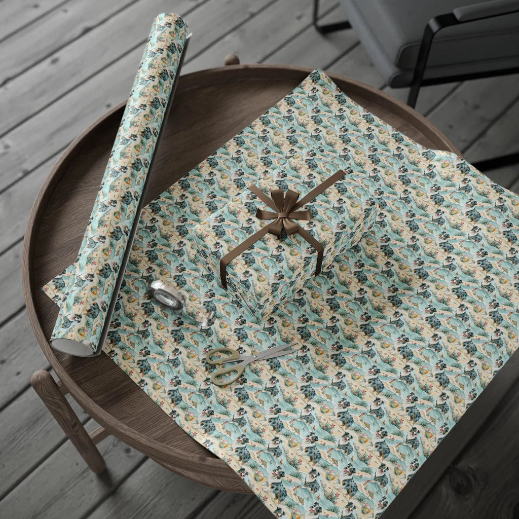 Beach Day Australian Shepherd Wrapping Paper — gift wrapping presented on a wooden table