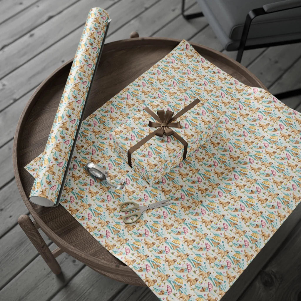Beach Day Golden Retriever Wrapping Paper — gift wrapping presented on a wooden table