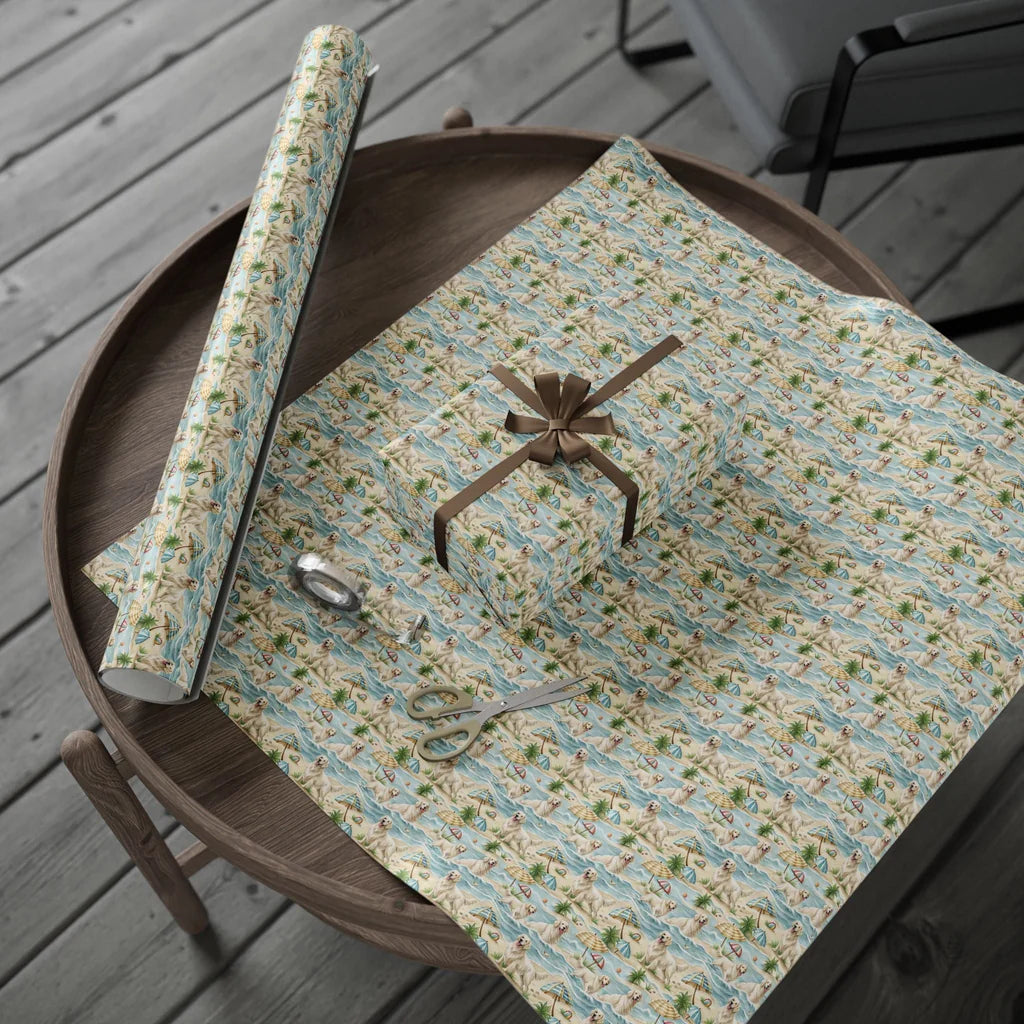 Beach Day Golden Retriever Wrapping Paper — gift wrapping presented on a wooden table