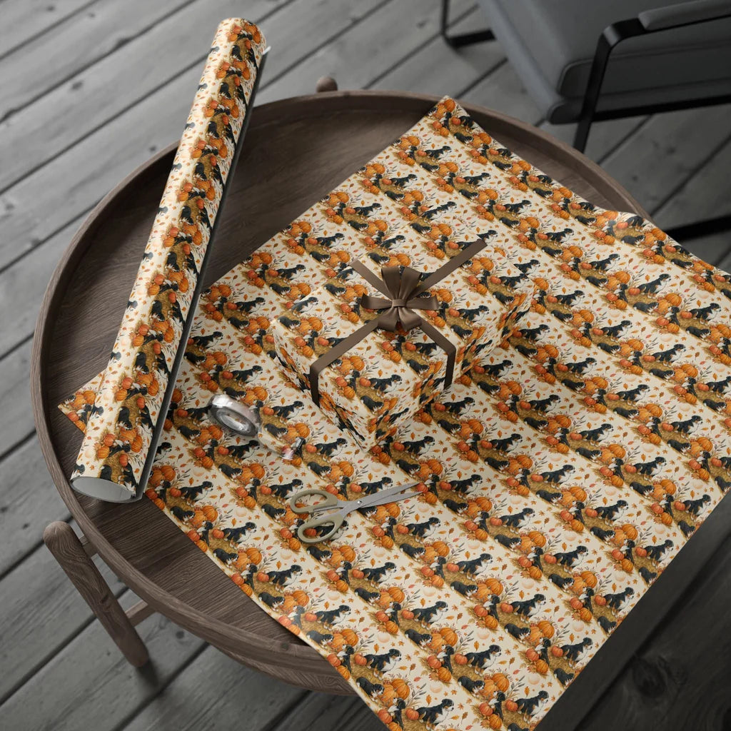 Bernese Mountain Dog Fall Pumpkin Patch Wrapping Paper — gift wrapping presented on a wooden table