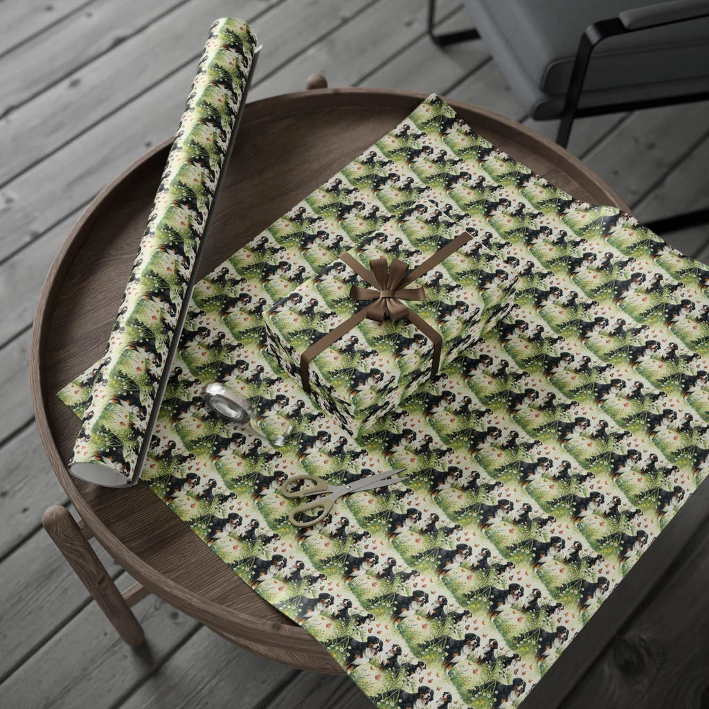 Bernese Mountain Dog Spring Meadow Wrapping Paper — gift wrapping presented on a wooden table