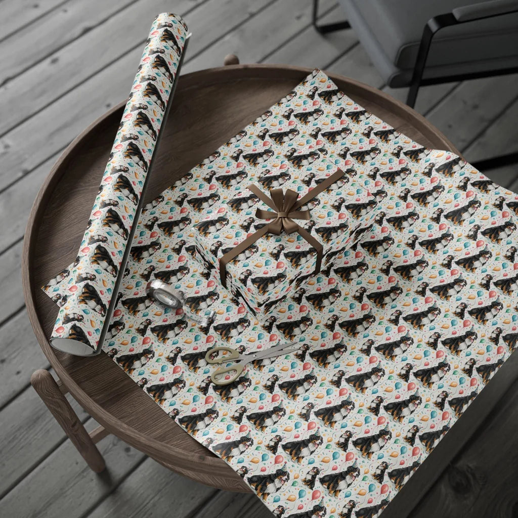 Birthday Bernese Mountain Dog Wrapping Paper — gift wrapping presented on a wooden table