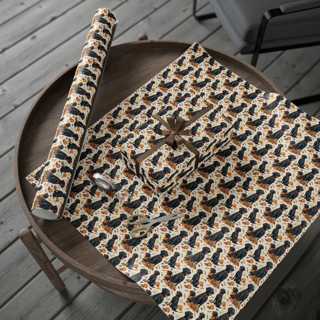 Black Lab Fall Harvest Wrapping Paper — gift wrapping presented on a wooden table
