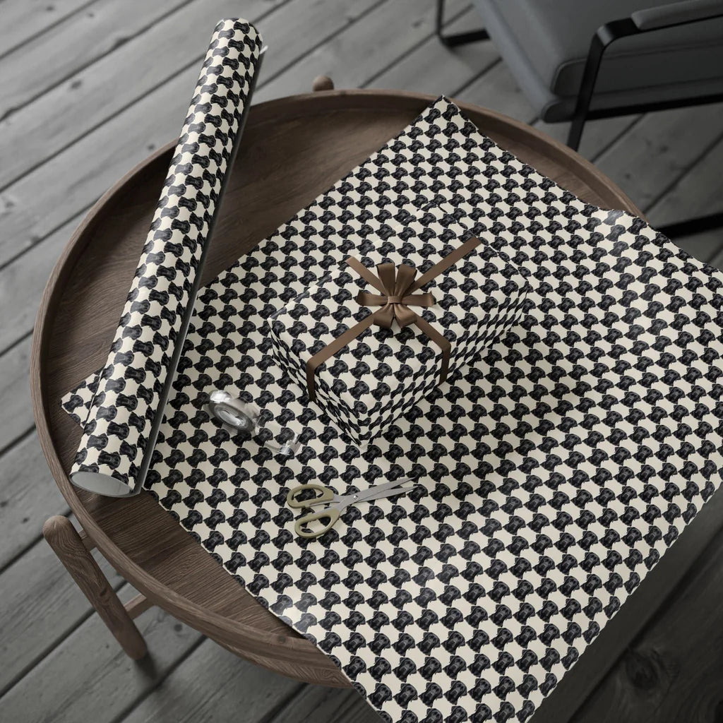 Black Labrador Retriever Portrait Wrapping Paper — gift wrapping presented on a wooden table