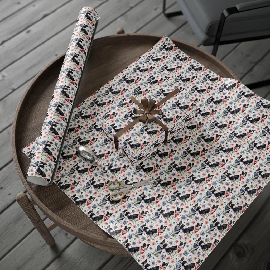 Border Collie Americana Wrapping Paper — gift wrapping presented on a wooden table
