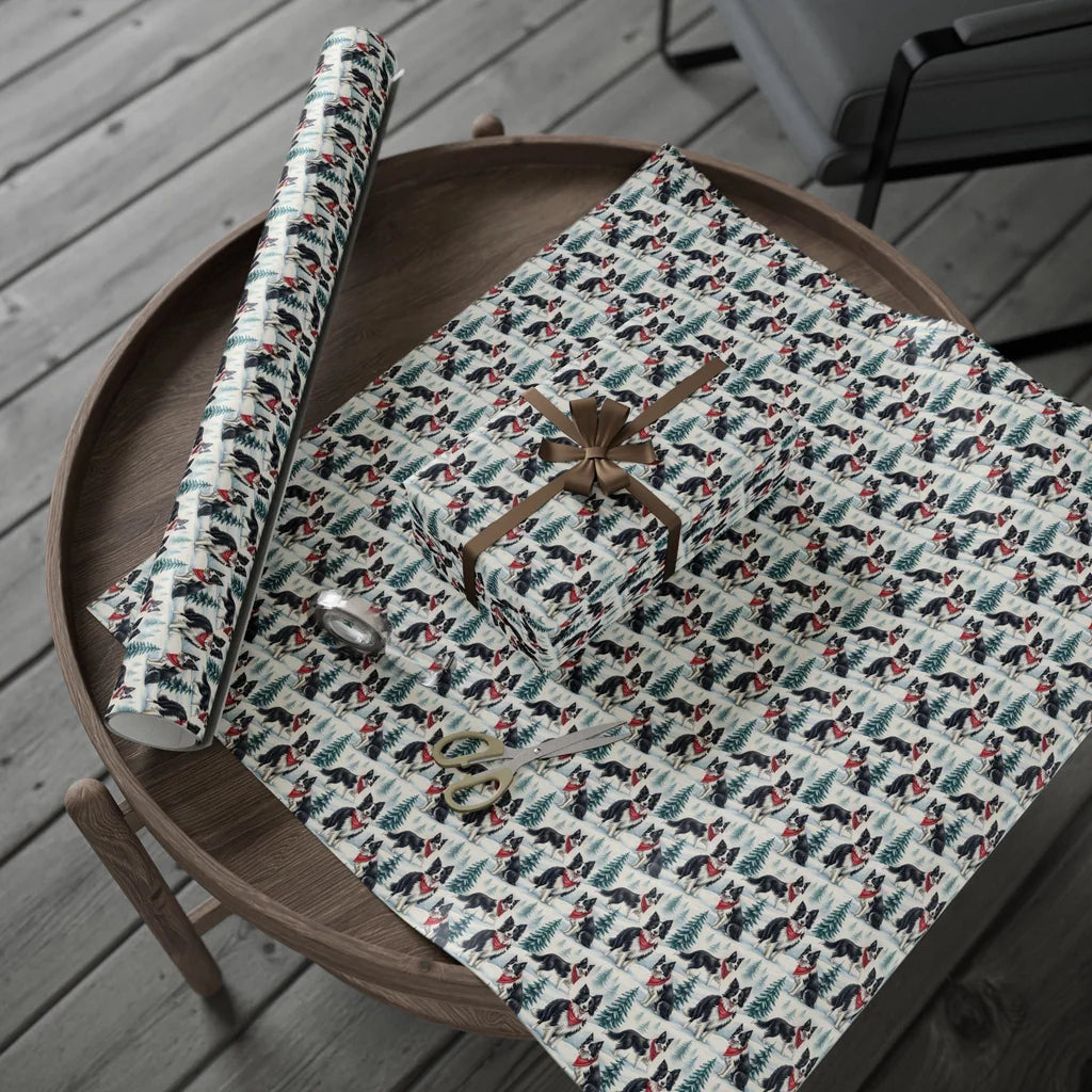 Border Collie Christmas Wrapping Paper — gift wrapping presented on a wooden table