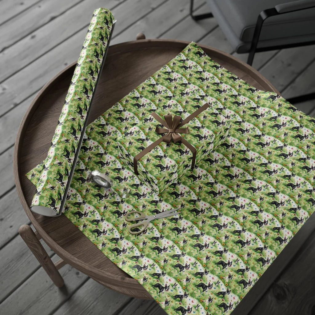 Boston Terrier Spring Garden Wrapping Paper — gift wrapping presented on a wooden table
