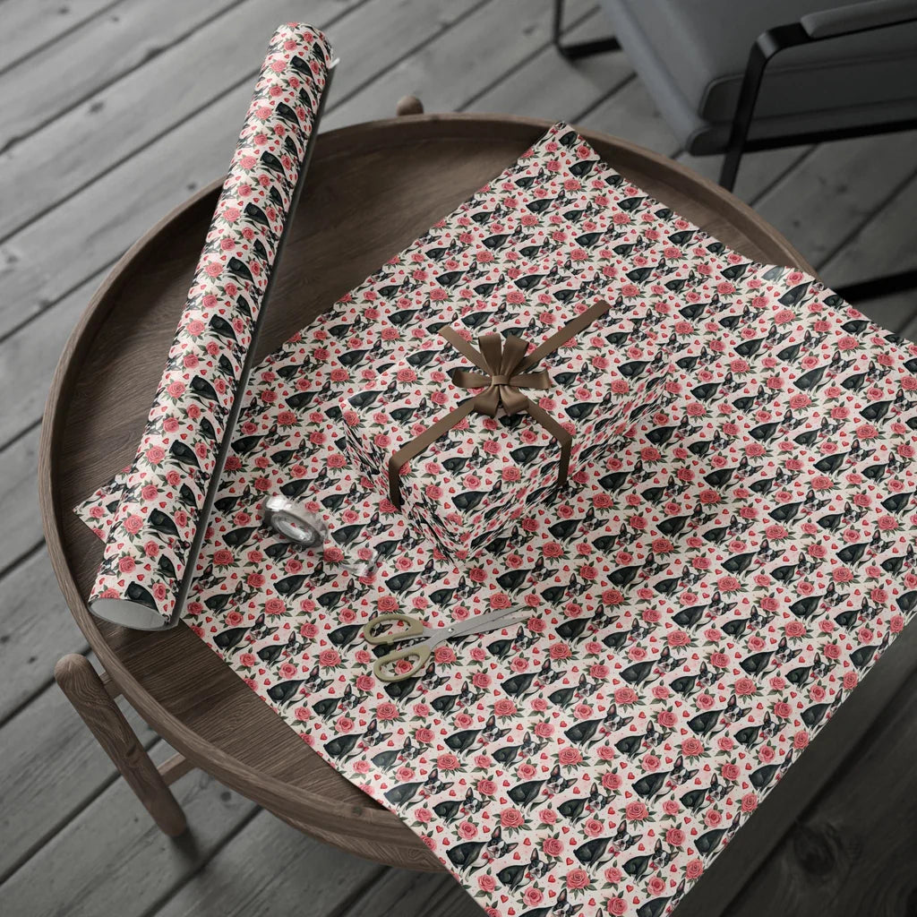 Boston Terrier Valentine's Day Wrapping Paper — gift wrapping presented on a wooden table