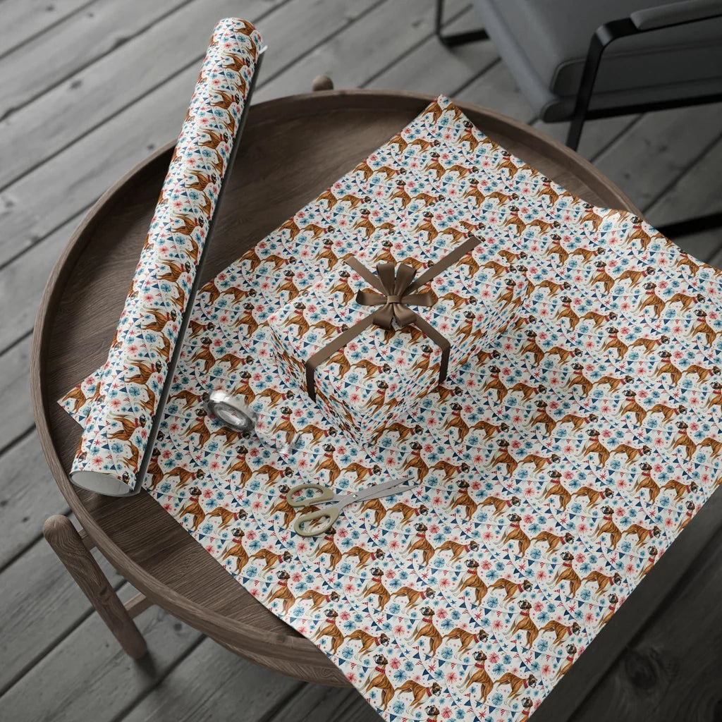 Boxer Americana Wrapping Paper — gift wrapping presented on a wooden table