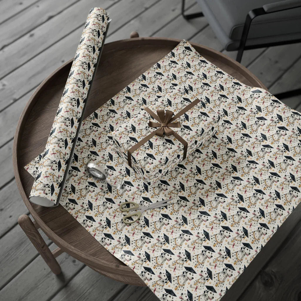 Dalmatian Graduation Wrapping Paper — gift wrapping presented on a wooden table
