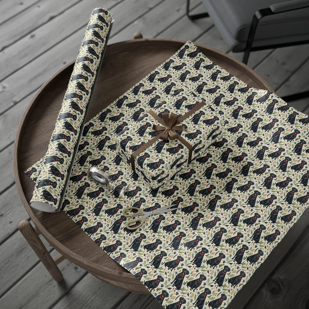 Dapper Black Lab Christmas Wrapping Paper — gift wrapping presented on a wooden table
