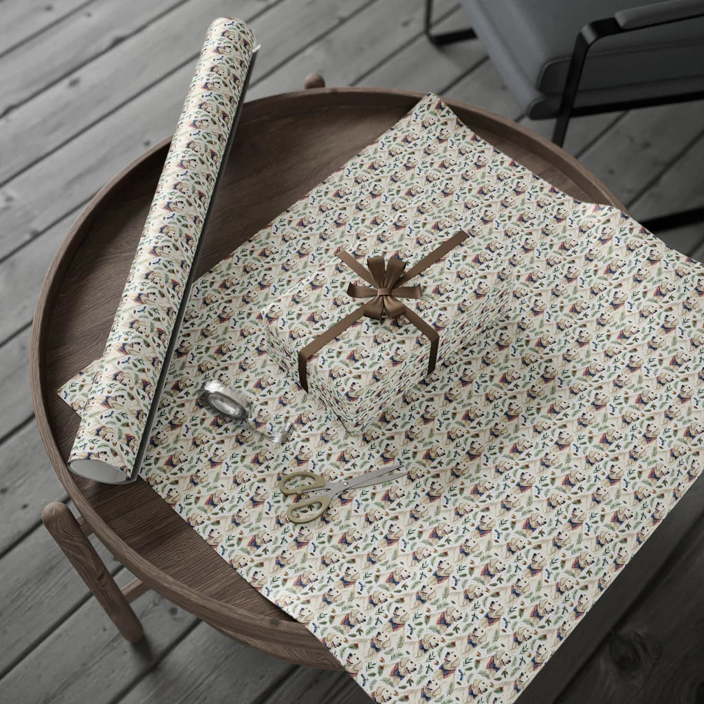 Dapper Golden Retriever Bow Tie Wrapping Paper — gift wrapping presented on a wooden table