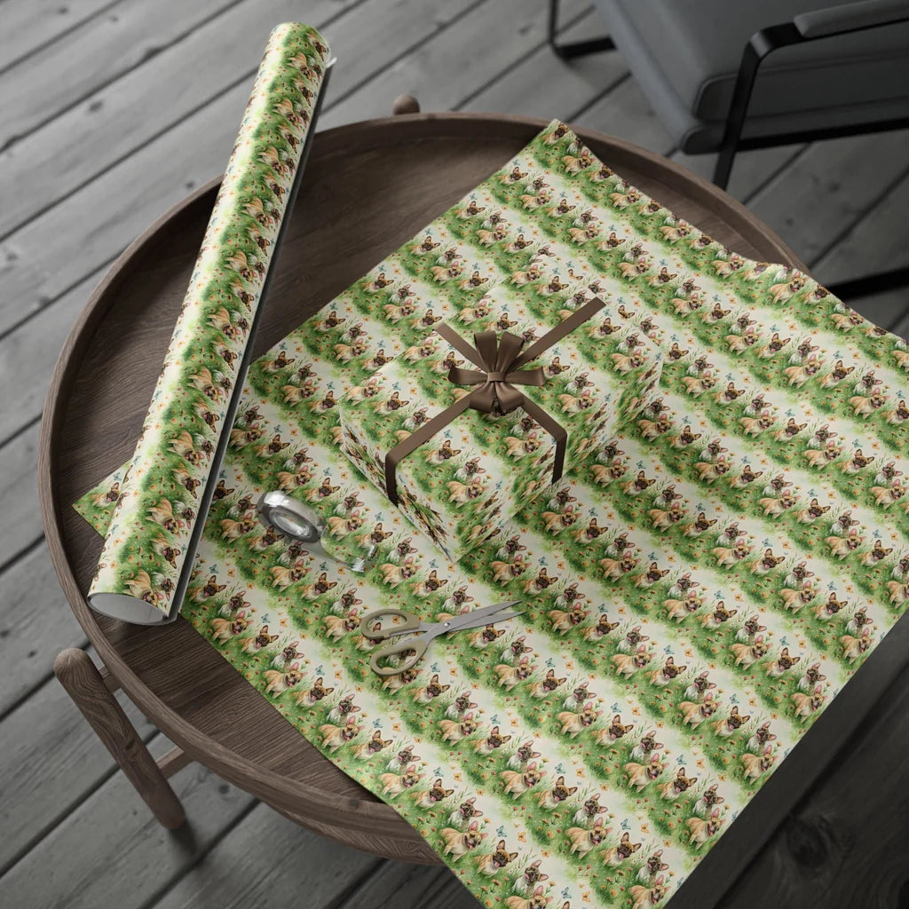 Easter French Bulldog Wrapping Paper — gift wrapping presented on a wooden table