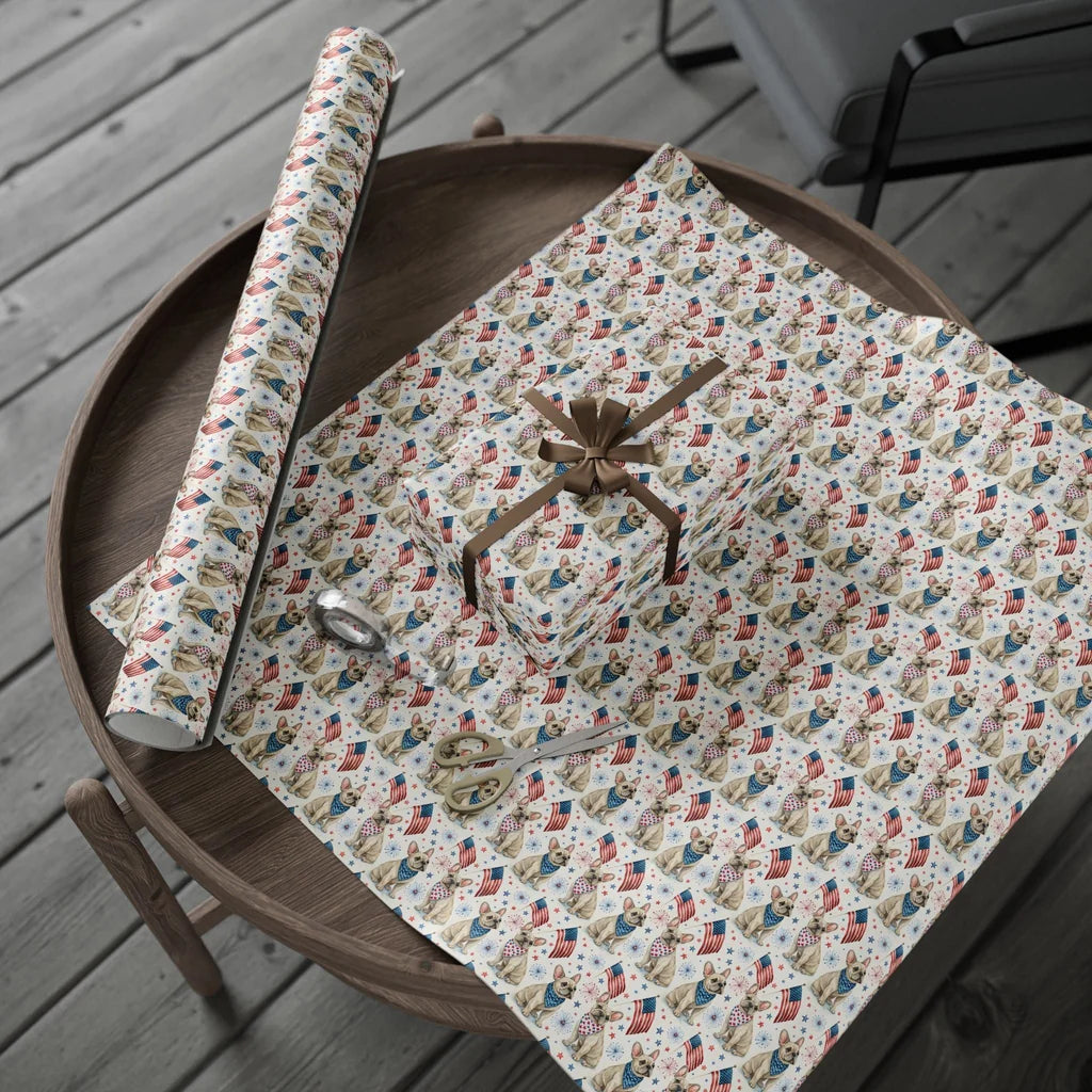 French Bulldog Americana Wrapping Paper — gift wrapping presented on a wooden table