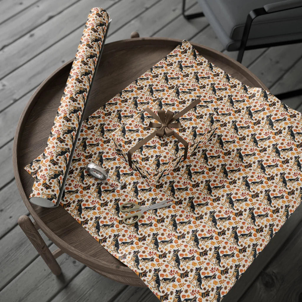 German Shepherd Autumn Wrapping Paper — gift wrapping presented on a wooden table