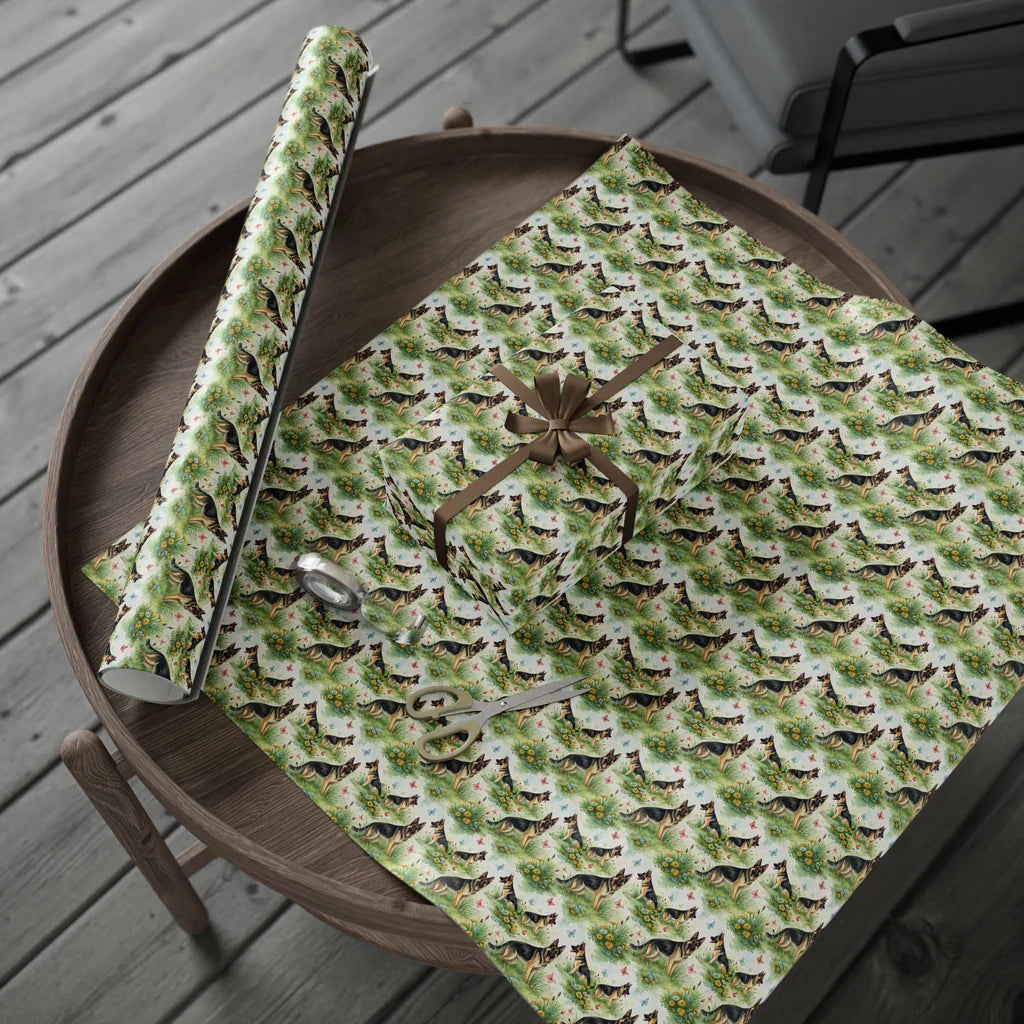 German Shepherd Garden Wrapping Paper — gift wrapping presented on a wooden table