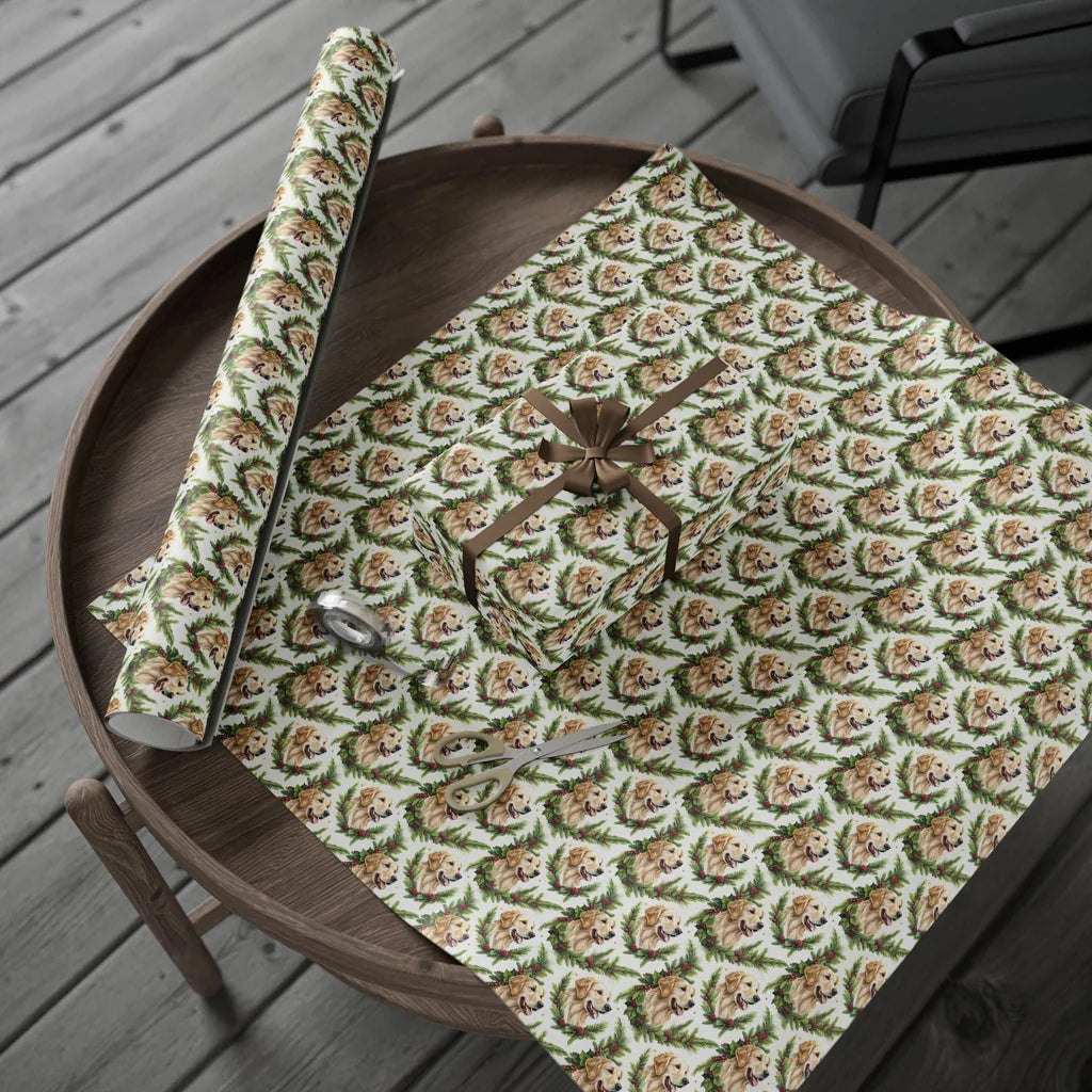 Golden Retriever Christmas Wrapping Paper — gift wrapping presented on a wooden table