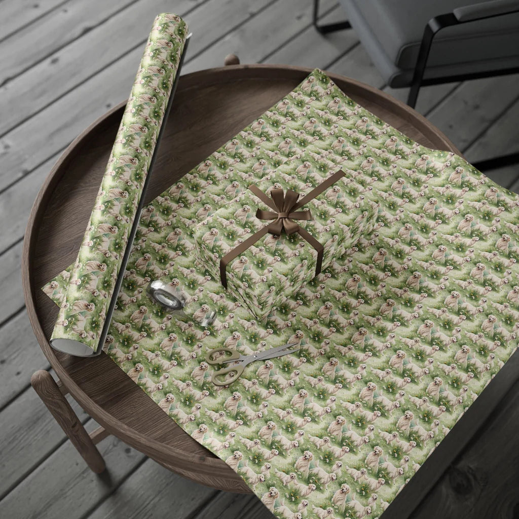 Golden Retriever Meadow Wrapping Paper — gift wrapping presented on a wooden table