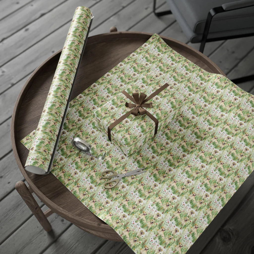 Golden Retriever Wildflower Meadow Wrapping Paper — gift wrapping presented on a wooden table