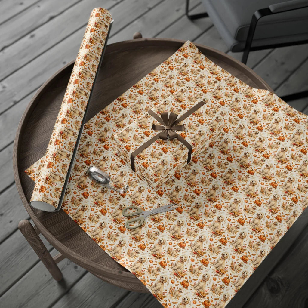 Goldendoodle Thanksgiving Wrapping Paper — gift wrapping presented on a wooden table