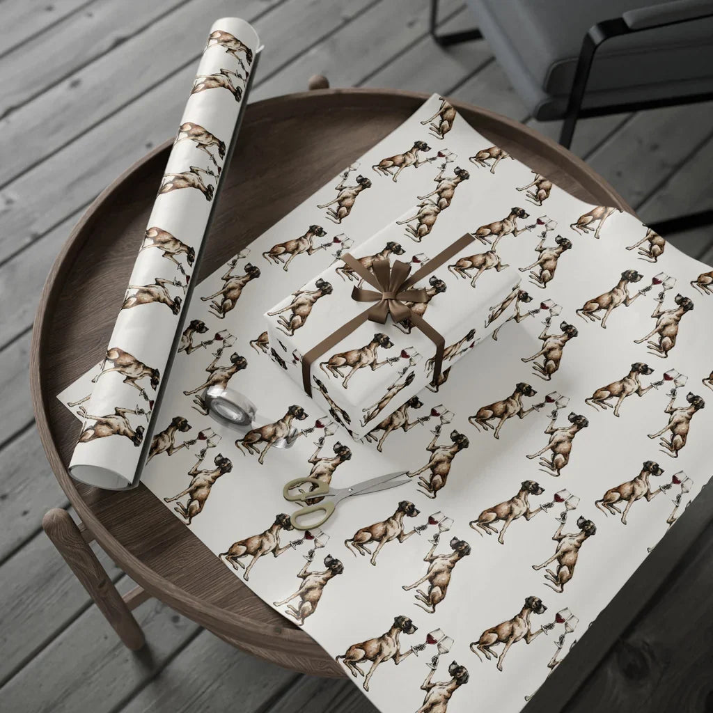 Great Dane Happy Hour Wrapping Paper — gift wrapping presented on a wooden table