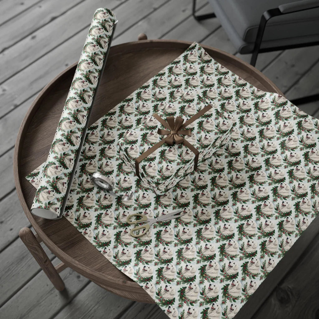 Great Pyrenees Portrait Wreath Wrapping Paper — gift wrapping presented on a wooden table