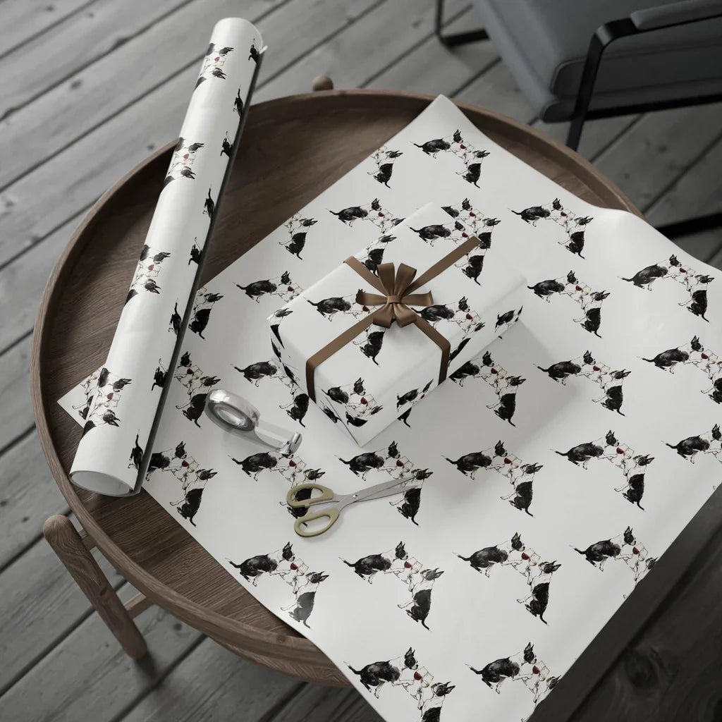 Happy Hour Boston Terrier Wrapping Paper — gift wrapping presented on a wooden table