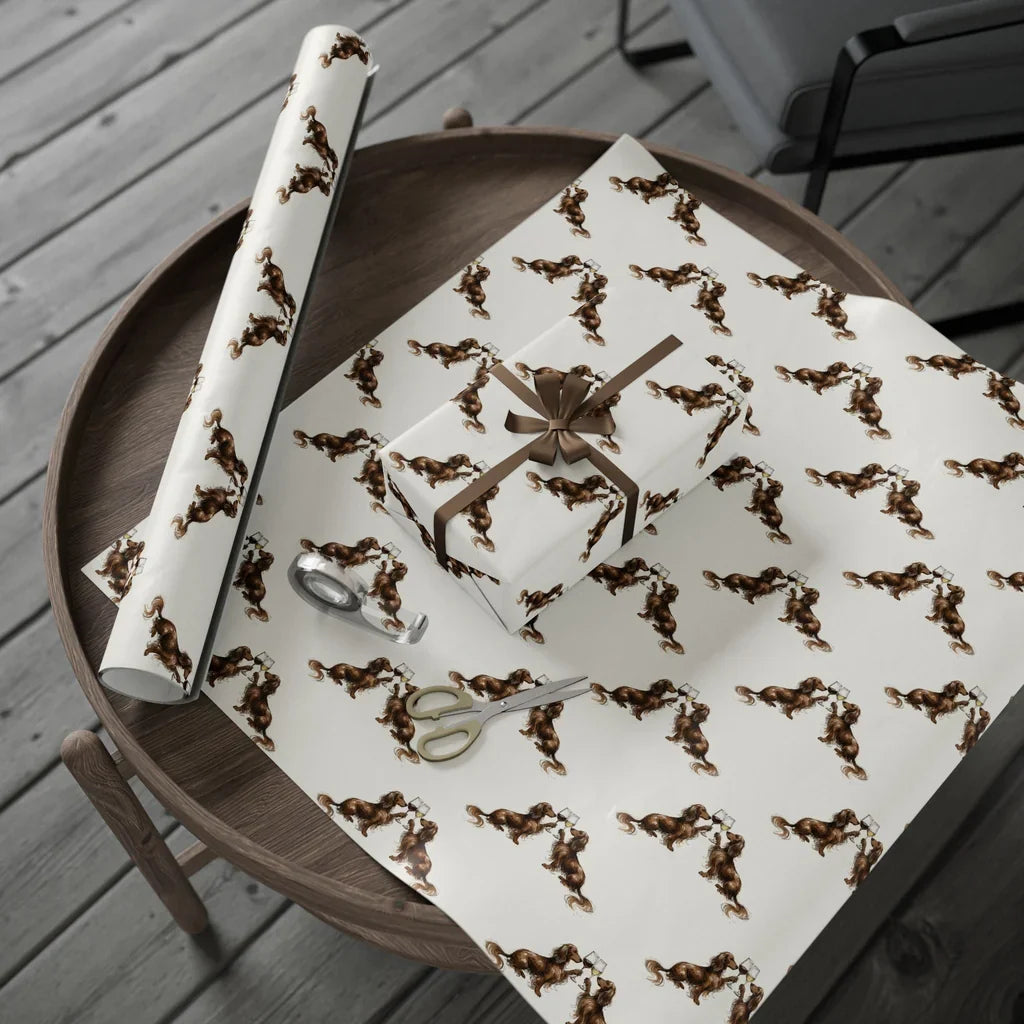 Happy Hour Dachshund Wrapping Paper — gift wrapping presented on a wooden table