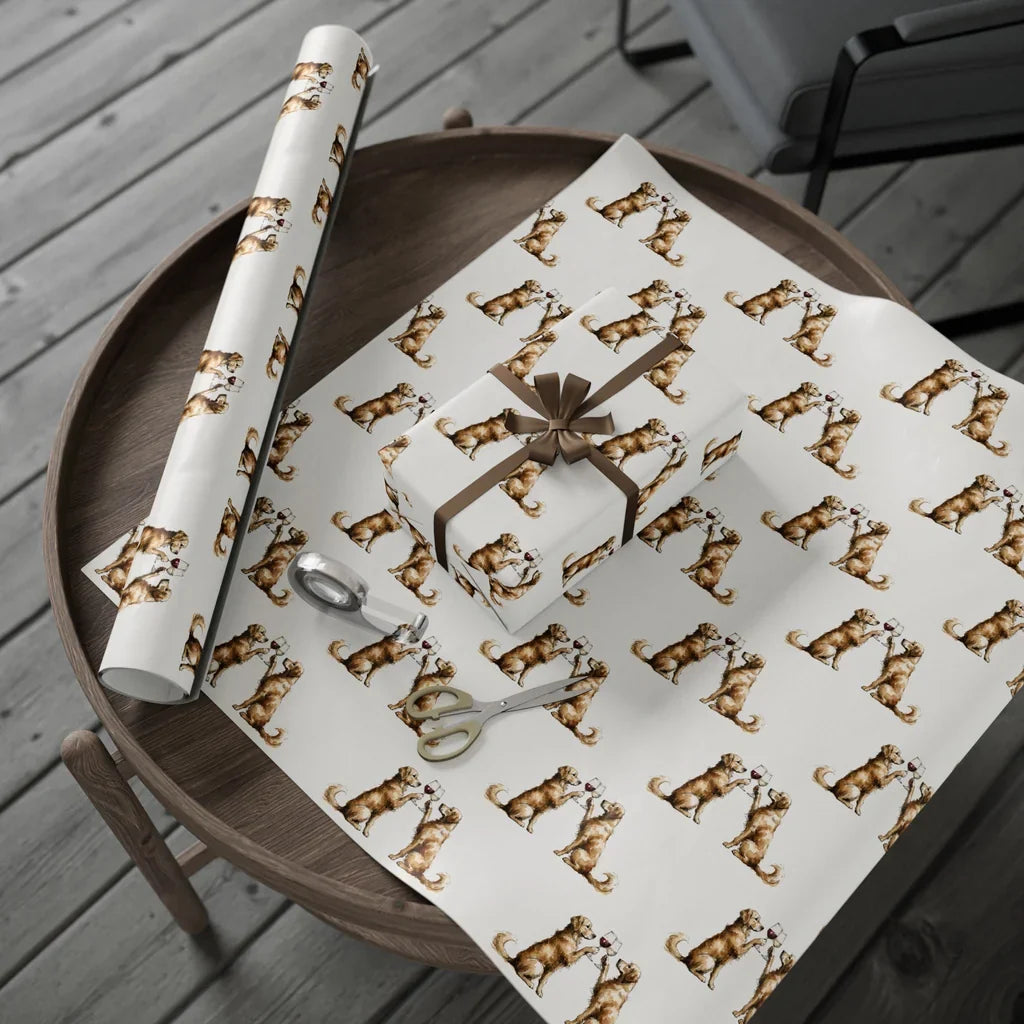 Happy Hour Golden Retriever Wrapping Paper — gift wrapping presented on a wooden table