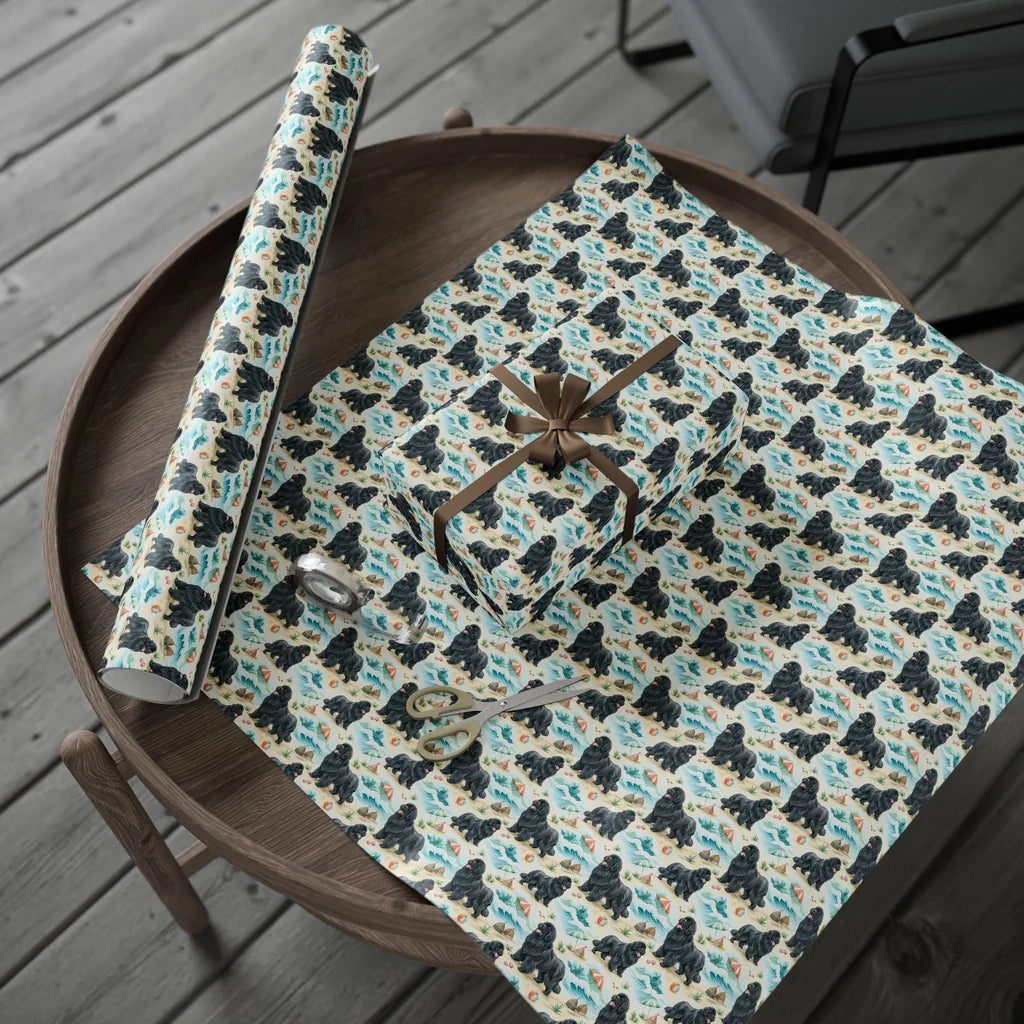 Newfoundland Beach Wrapping Paper — gift wrapping presented on a wooden table