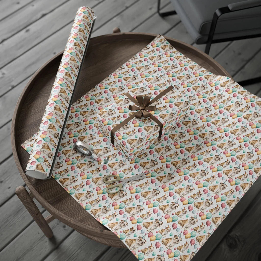 Party Animal: English Bulldog Birthday Wrapping Paper — gift wrapping presented on a wooden table