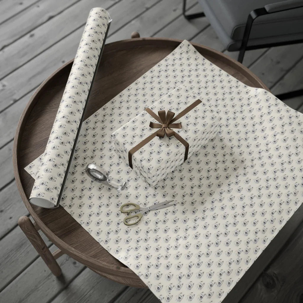 Samoyed Portrait Wrapping Paper — gift wrapping presented on a wooden table