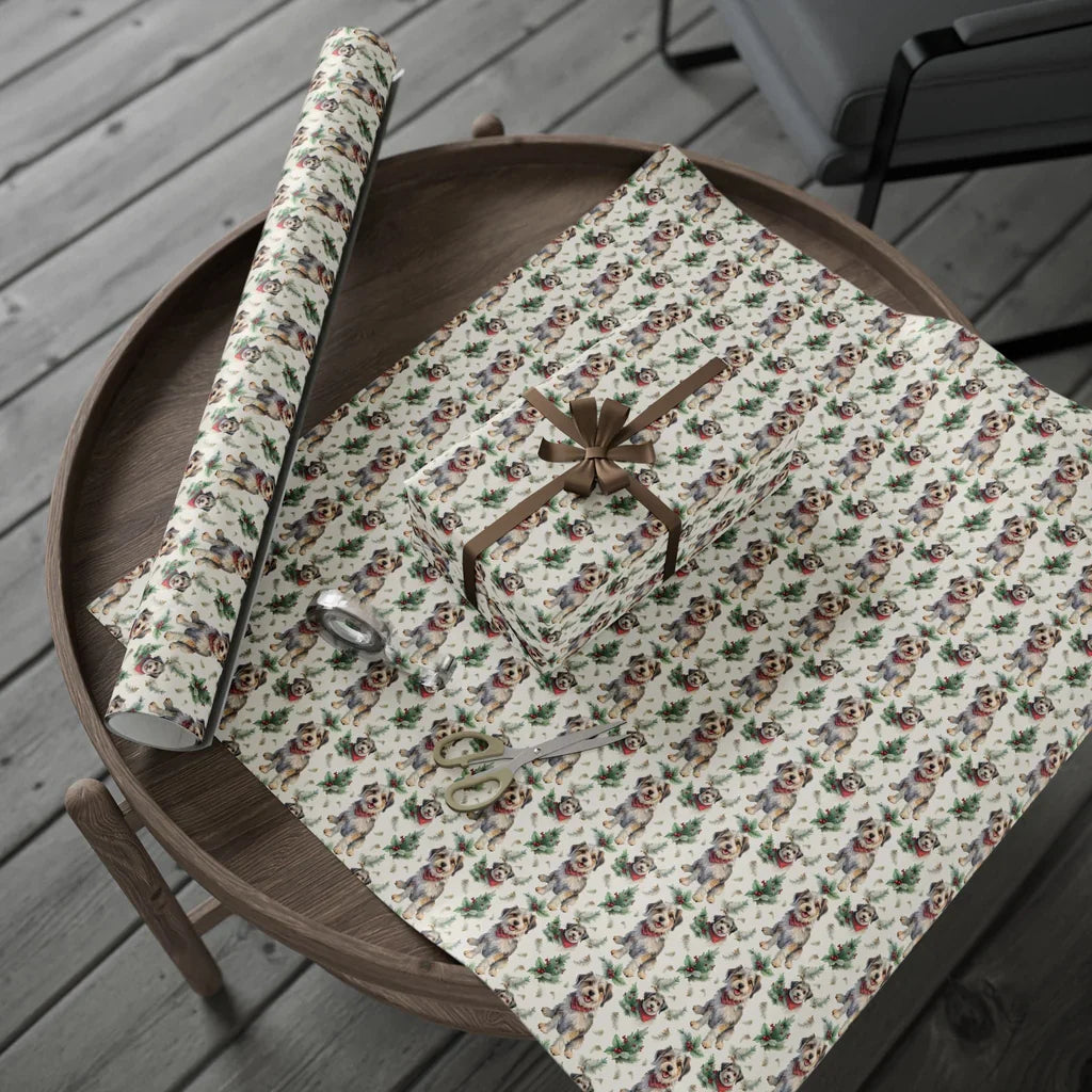 Schnauzer Christmas Wrapping Paper — gift wrapping presented on a wooden table