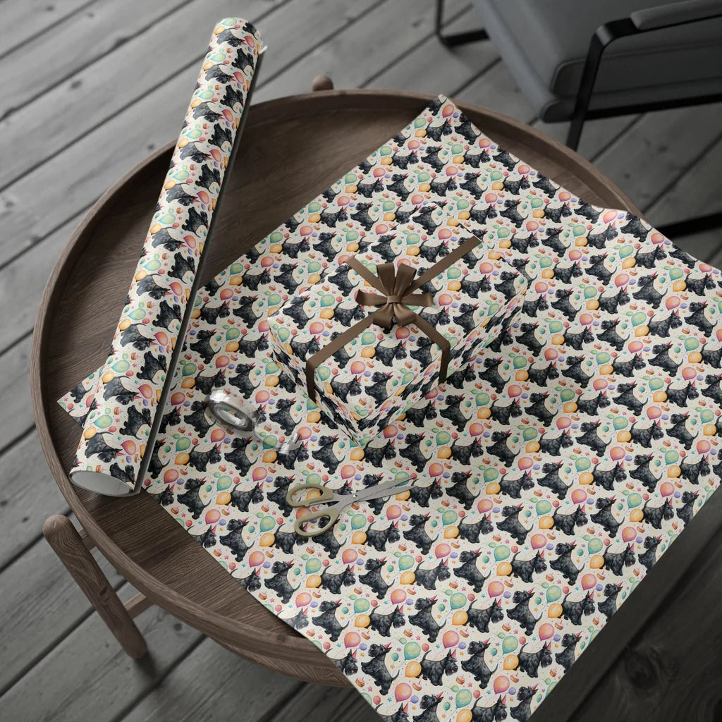 Scottish Terrier Birthday Wrapping Paper — gift wrapping presented on a wooden table