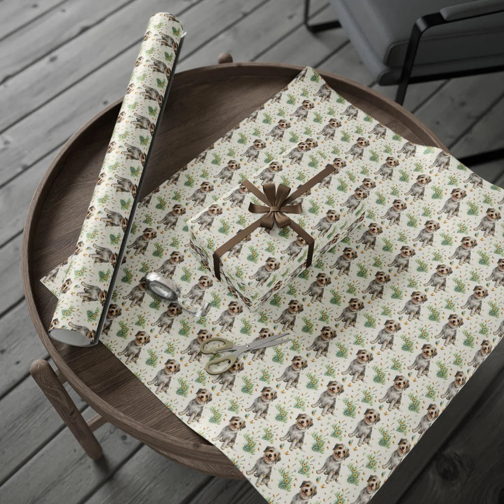 Scruffy & Sweet: Terrier Mix Spring Wrapping Paper — gift wrapping presented on a wooden table