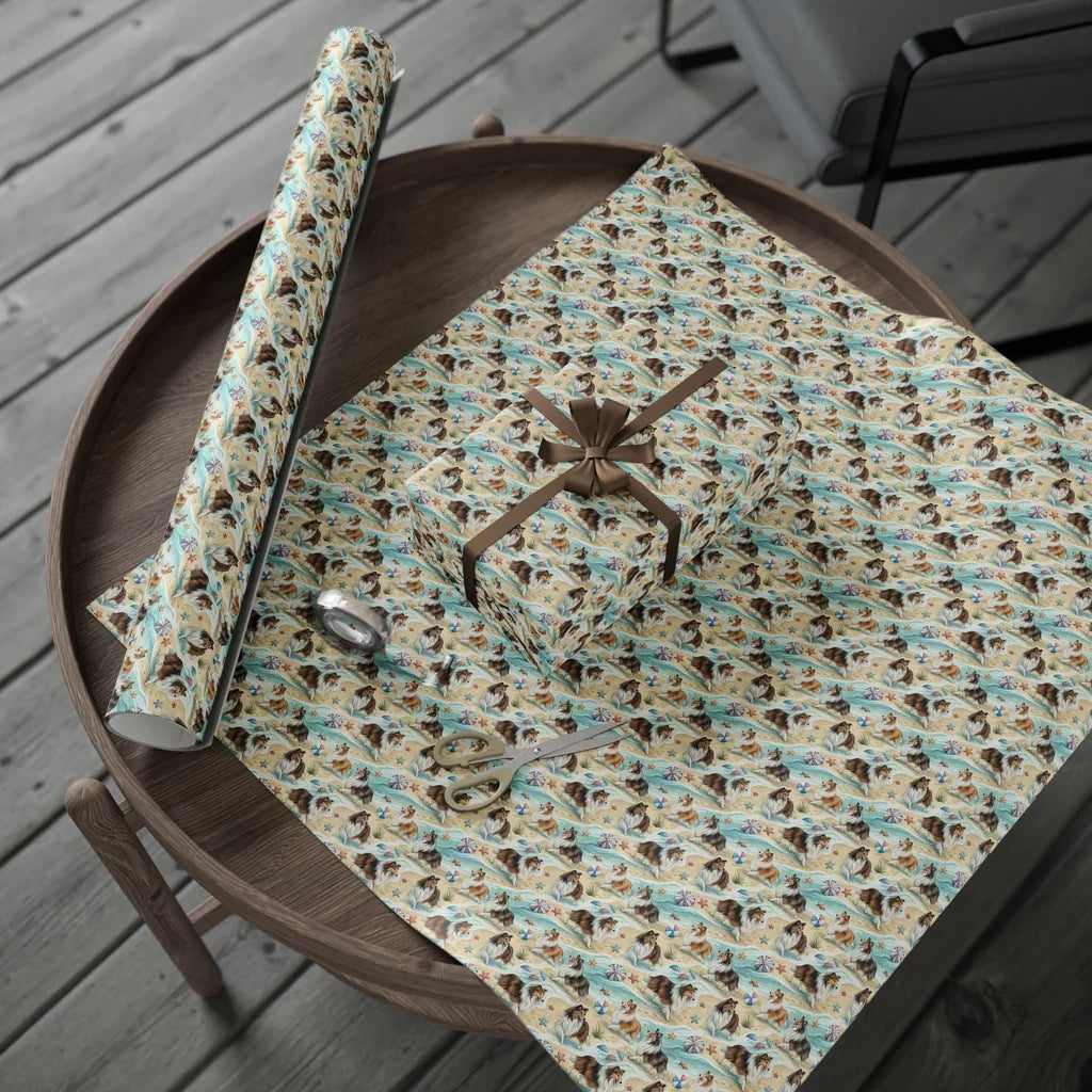Shell Yeah! Sheltie Beach Day Wrapping Paper — gift wrapping presented on a wooden table