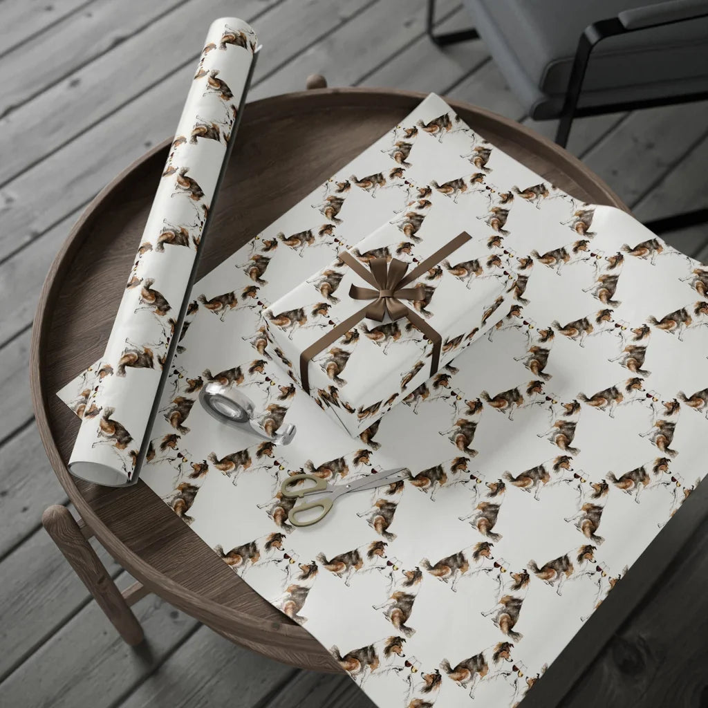 Sheltie Happy Hour Wrapping Paper — gift wrapping presented on a wooden table