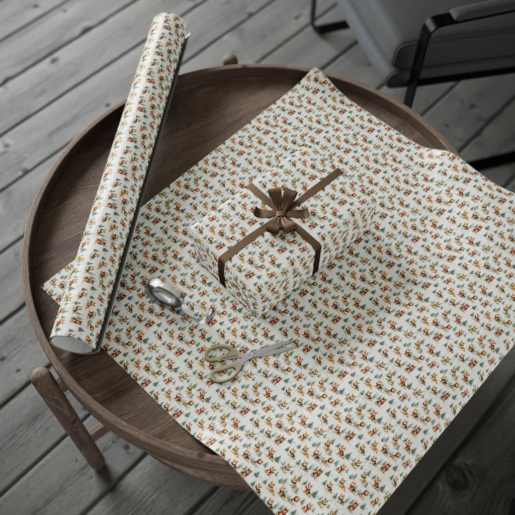 Shiba Inu Christmas Wrapping Paper — gift wrapping presented on a wooden table