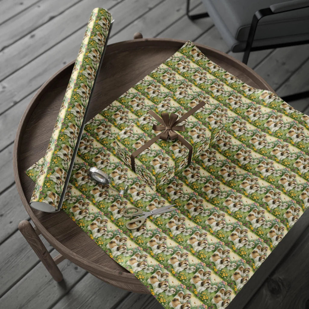 Shih Tzu Garden Wrapping Paper — gift wrapping presented on a wooden table