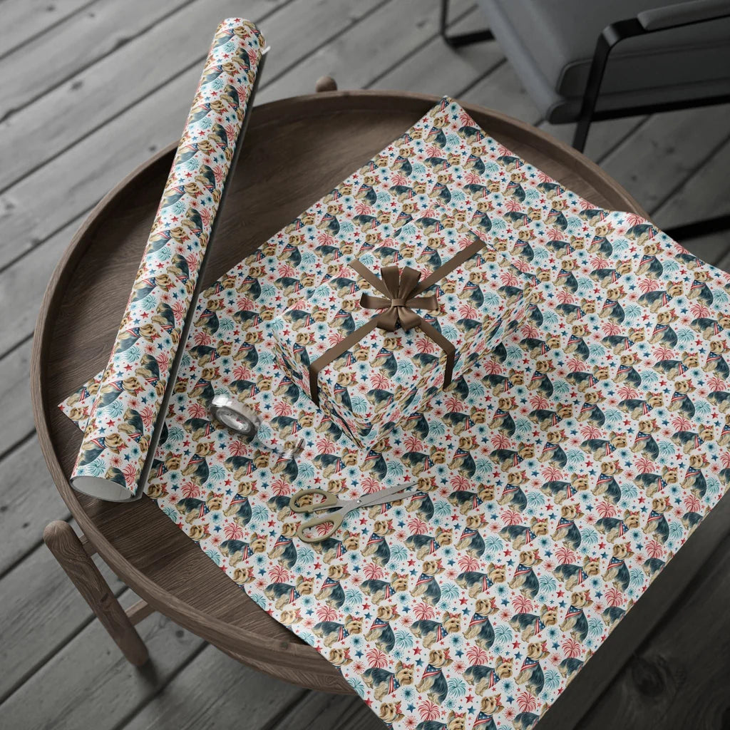 Yorkshire Terrier Americana Wrapping Paper — gift wrapping presented on a wooden table