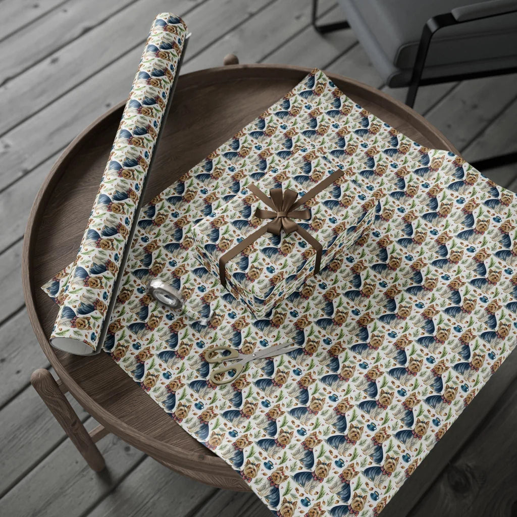 Yorkshire Terrier Christmas Wrapping Paper — gift wrapping presented on a wooden table