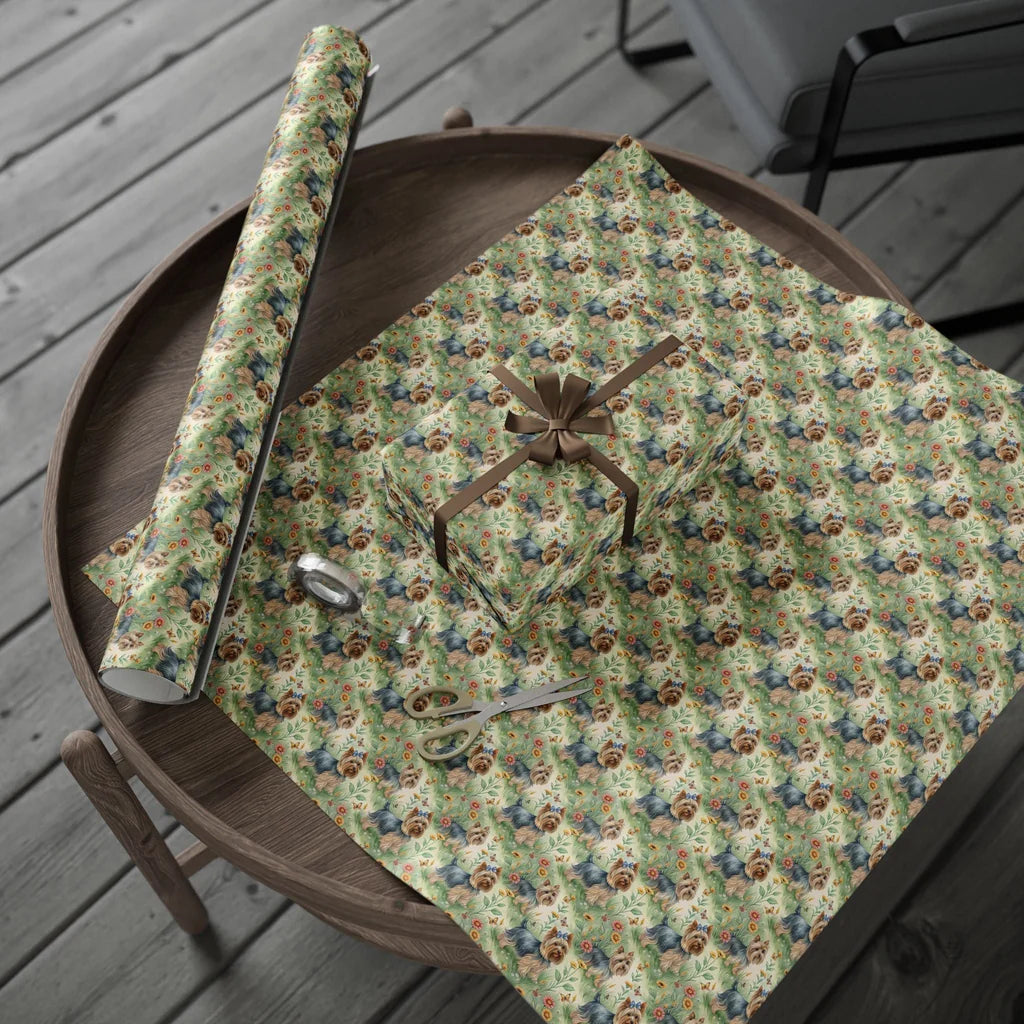 Yorkshire Terrier Garden Wrapping Paper — gift wrapping presented on a wooden table