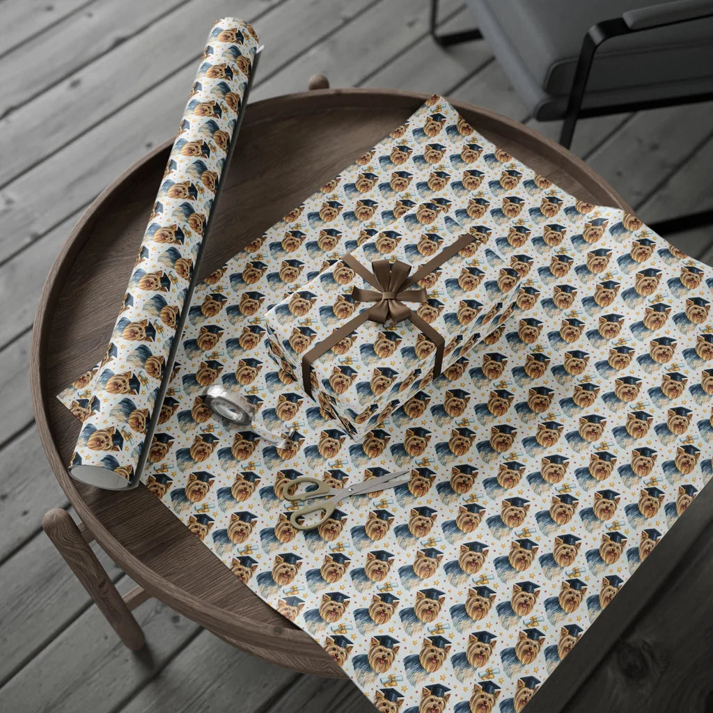 Yorkshire Terrier Graduation Wrapping Paper — gift wrapping presented on a wooden table
