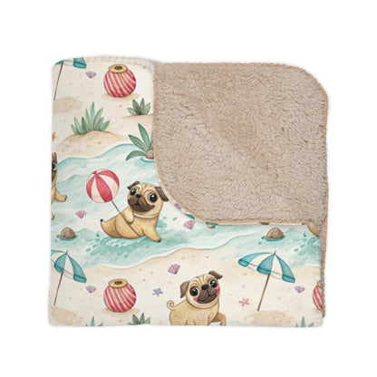 Pug Beach Day Sherpa Blanket